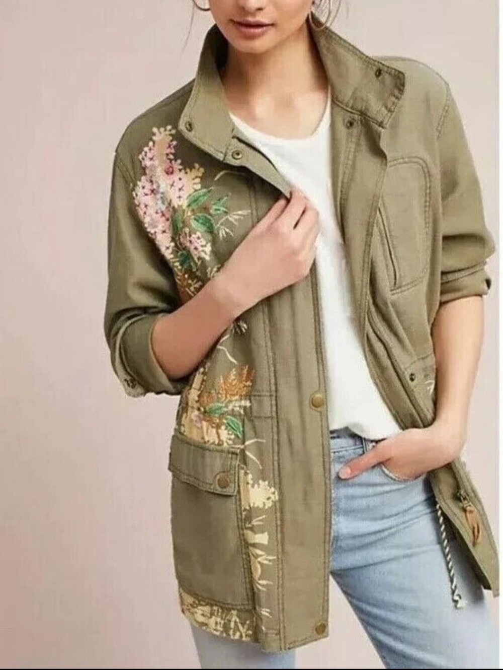 Anthropologie Embellished Anorak Olive Green Embroidered Utility Jacket